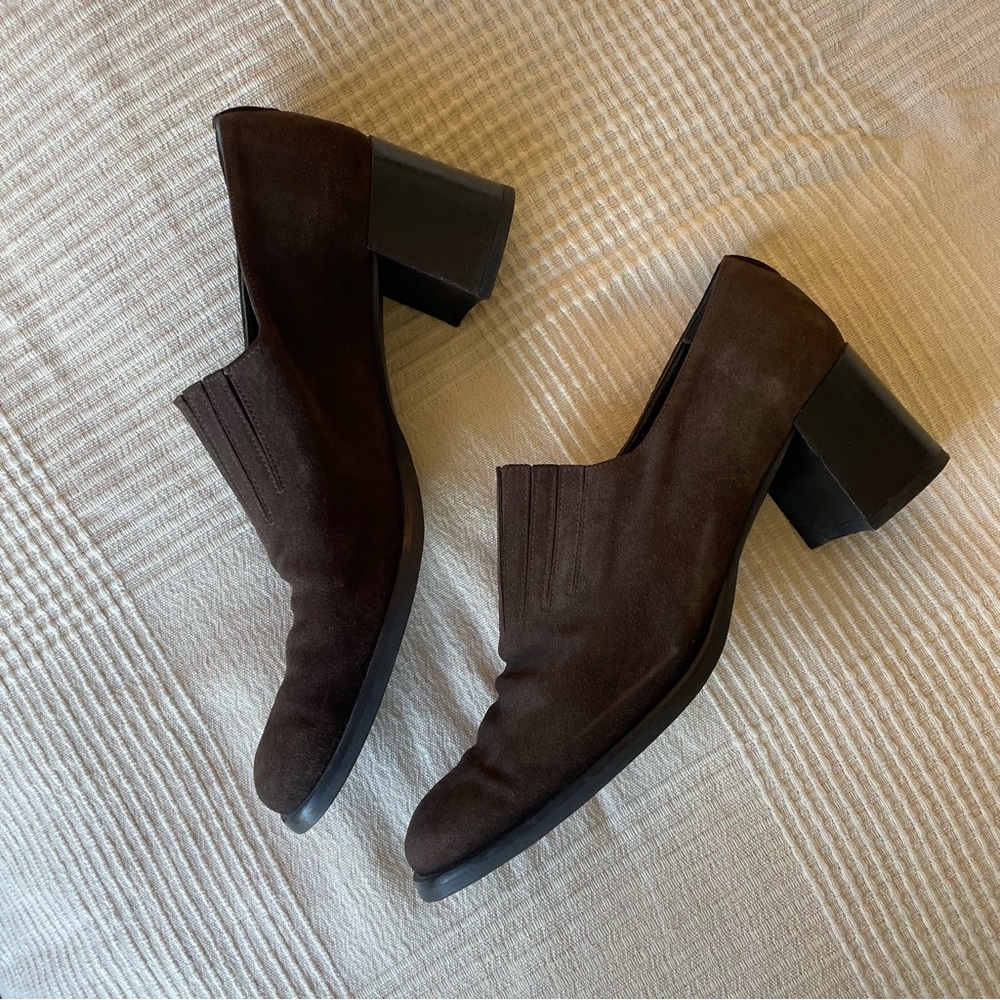 Aquatalia Brown Suede Chunky Heel Elastic Panel